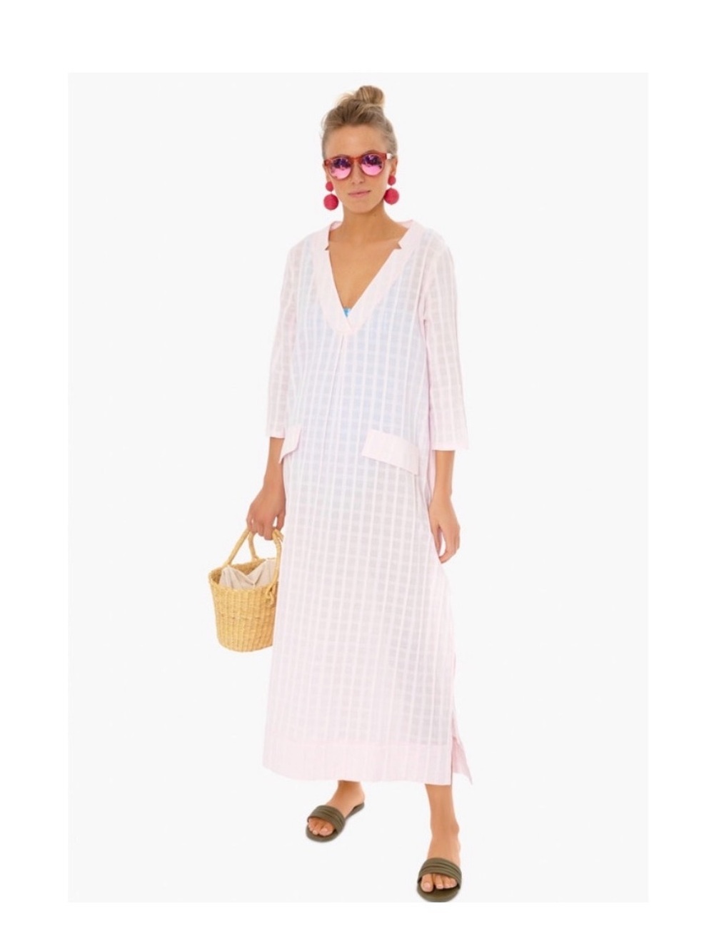 Pomander Place Carolina Caftan Pink White V-Neck 3/4 Sleeve Maxi Dress Pockets M